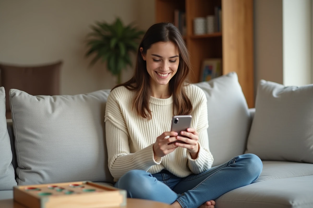 Femme jouant à Monopoly GO sur smartphone et collectant des liens dés gratuits