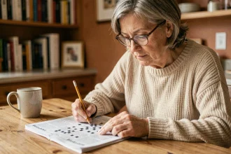 Femme résolvant une grille de mots croisés avec un crayon sur un journal posé sur une table en bois
