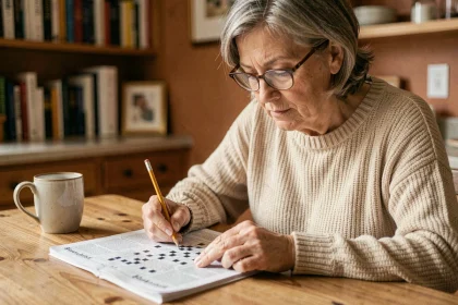 Femme résolvant une grille de mots croisés avec un crayon sur un journal posé sur une table en bois