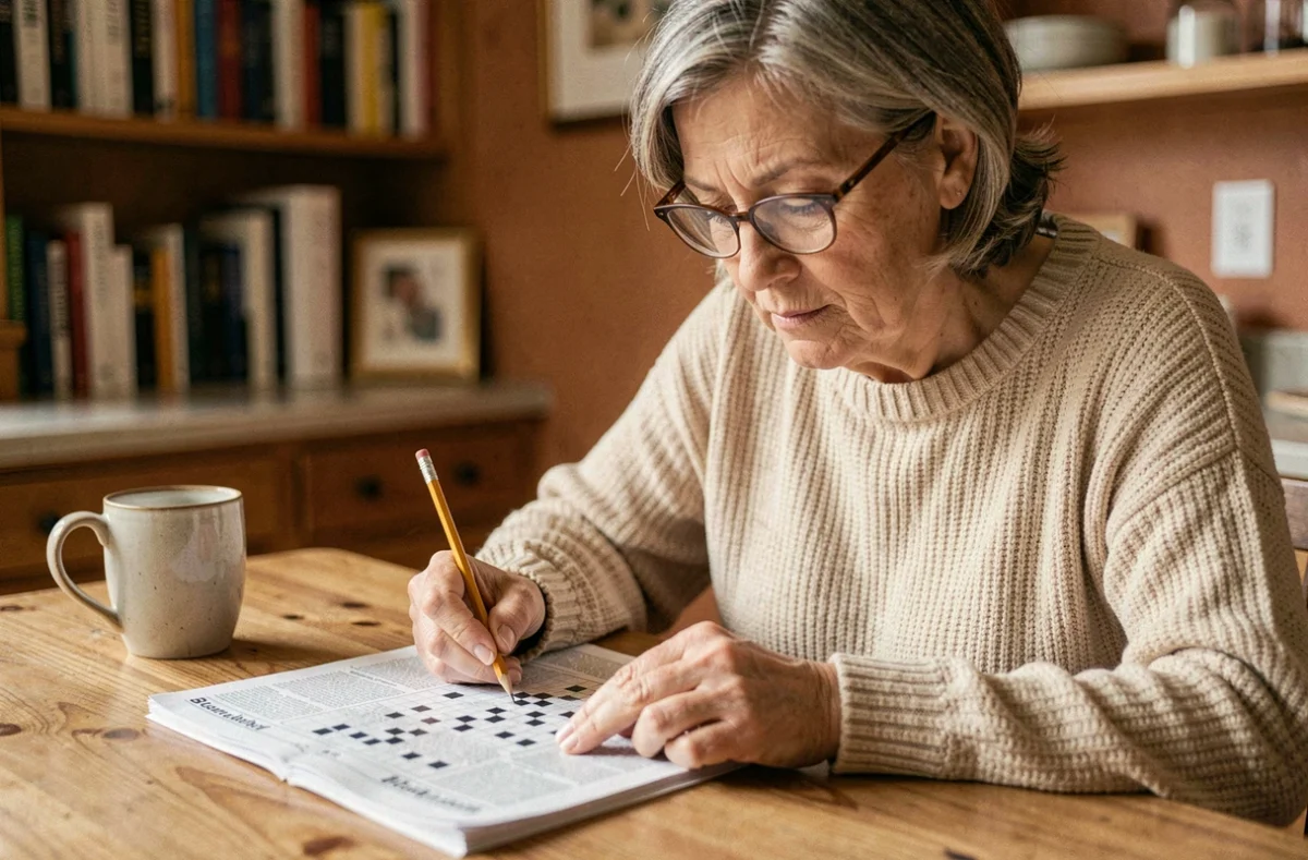 Femme résolvant une grille de mots croisés avec un crayon sur un journal posé sur une table en bois