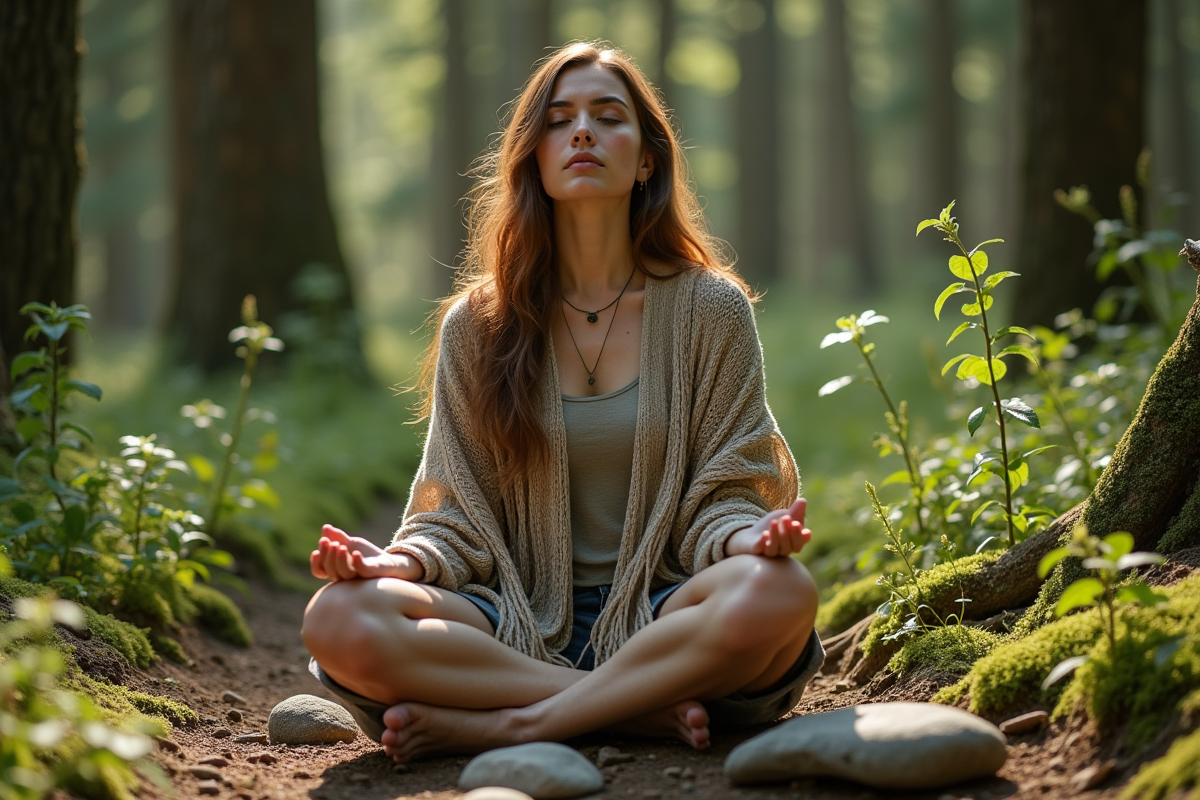 Jeune femme en pleine nature méditant dans la forêt