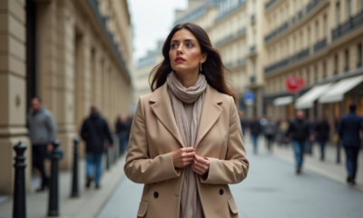 Femme élégante en manteau beige dans une rue parisienne