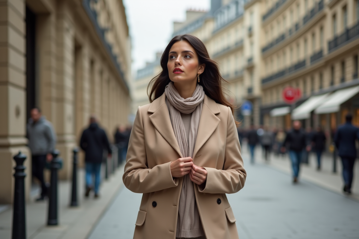 Femme élégante en manteau beige dans une rue parisienne