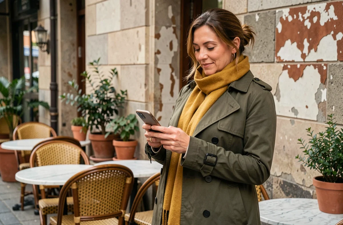 Femme planifiant sa visite du quartier Manneken Pis sur smartphone depuis une terrasse de café bruxelloise