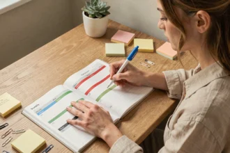 Femme organisant son planner hebdomadaire avec un stylo 4 couleurs effaçable sur un bureau en bois
