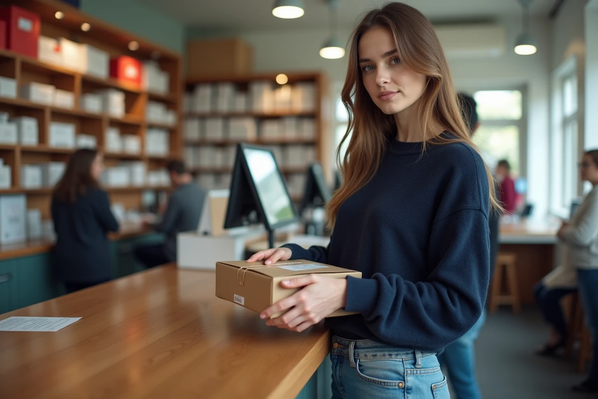 Femme en jeans et pull main au comptoir de la poste
