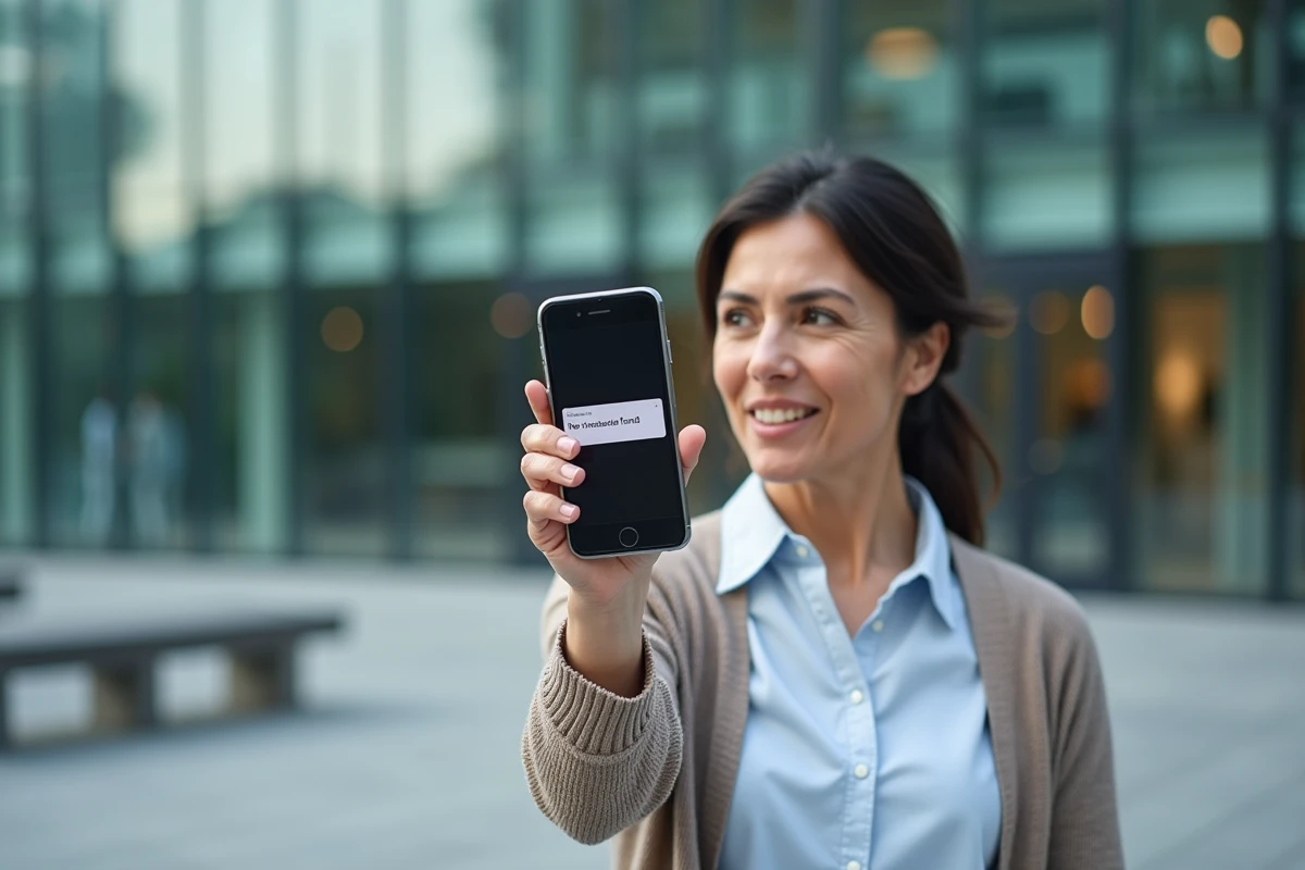 Femme souriante devant un bâtiment avec son smartphone