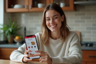 Femme souriante utilisant une application de récompenses sur smartphone