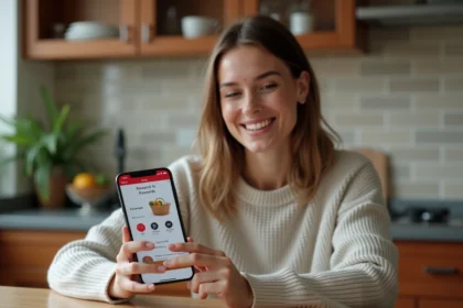 Femme souriante utilisant une application de récompenses sur smartphone