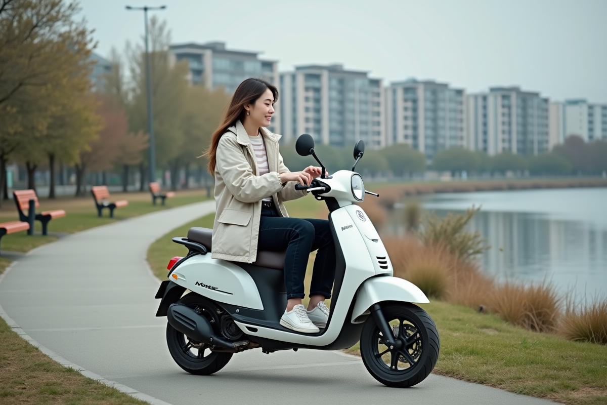 Femme ajustant ses gants sur scooter au bord de la rivière