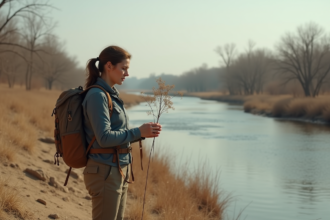 Femme en vêtements de randonnée examine une plante sèche dans un paysage de sécheresse