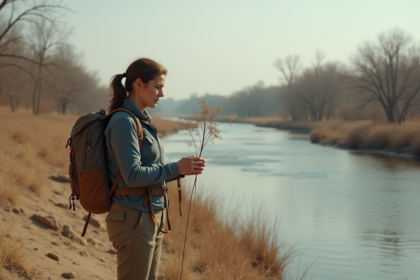 Femme en vêtements de randonnée examine une plante sèche dans un paysage de sécheresse