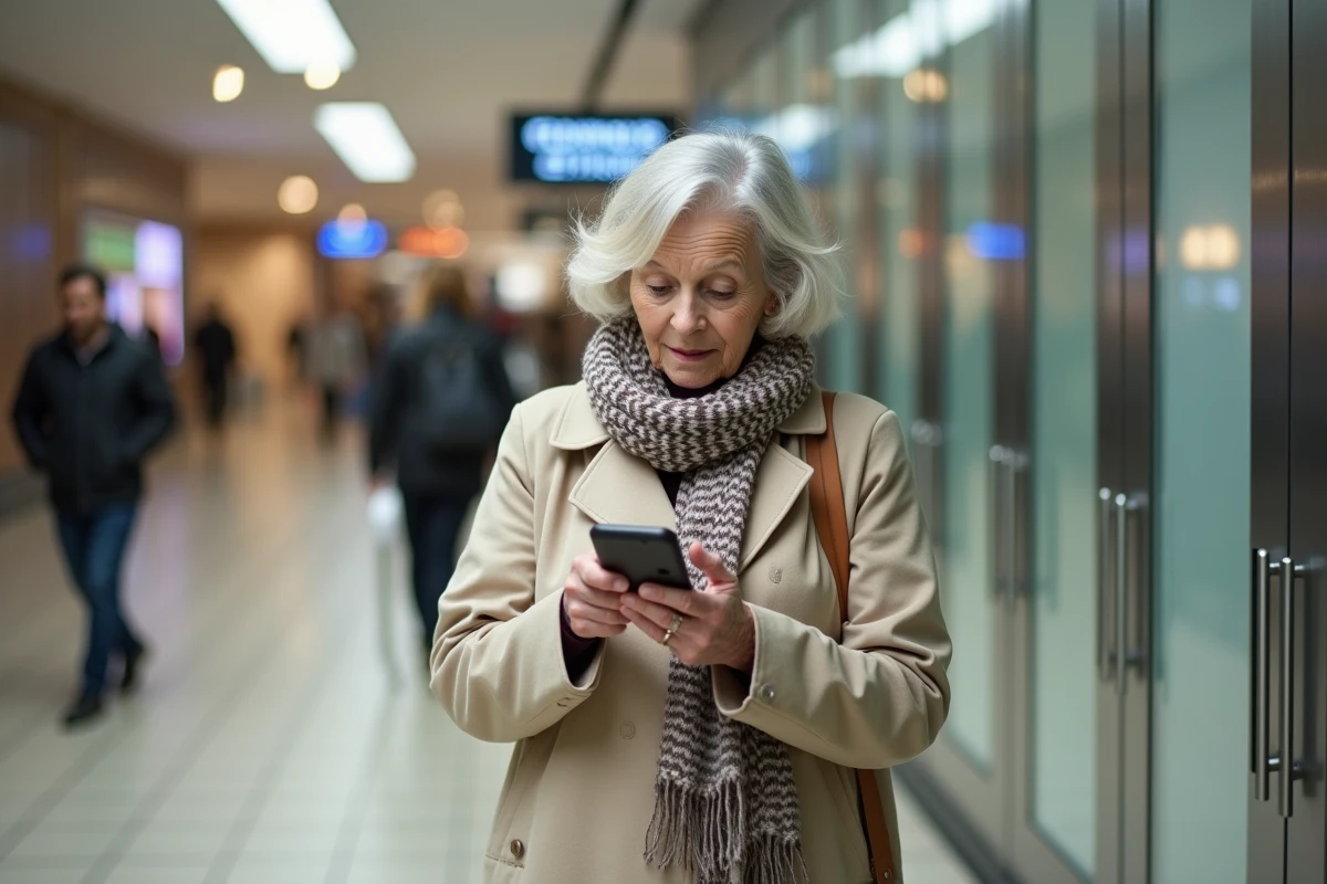 Femme senior consulte une carte digitale devant un centre commercial