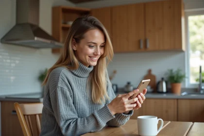 Jeune femme souriante utilisant son smartphone dans une cuisine moderne
