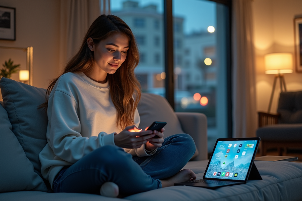 Jeune femme utilisant son smartphone dans un salon moderne