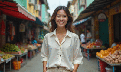 Femme souriante dans la rue colorée d'Asie du Sud-Est