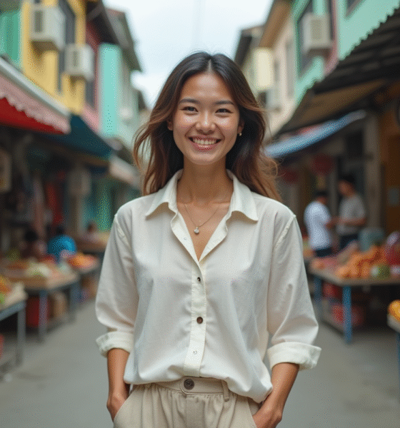 Femme souriante dans la rue colorée d'Asie du Sud-Est