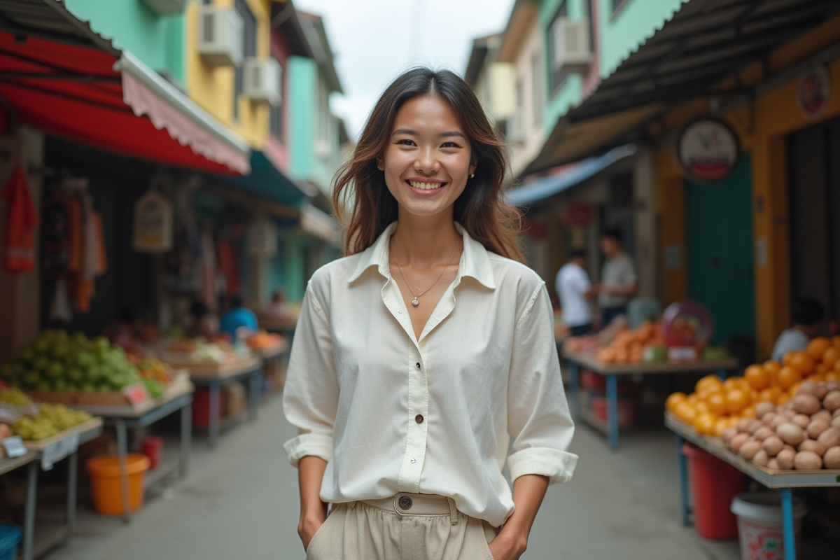 Femme souriante dans la rue colorée d'Asie du Sud-Est