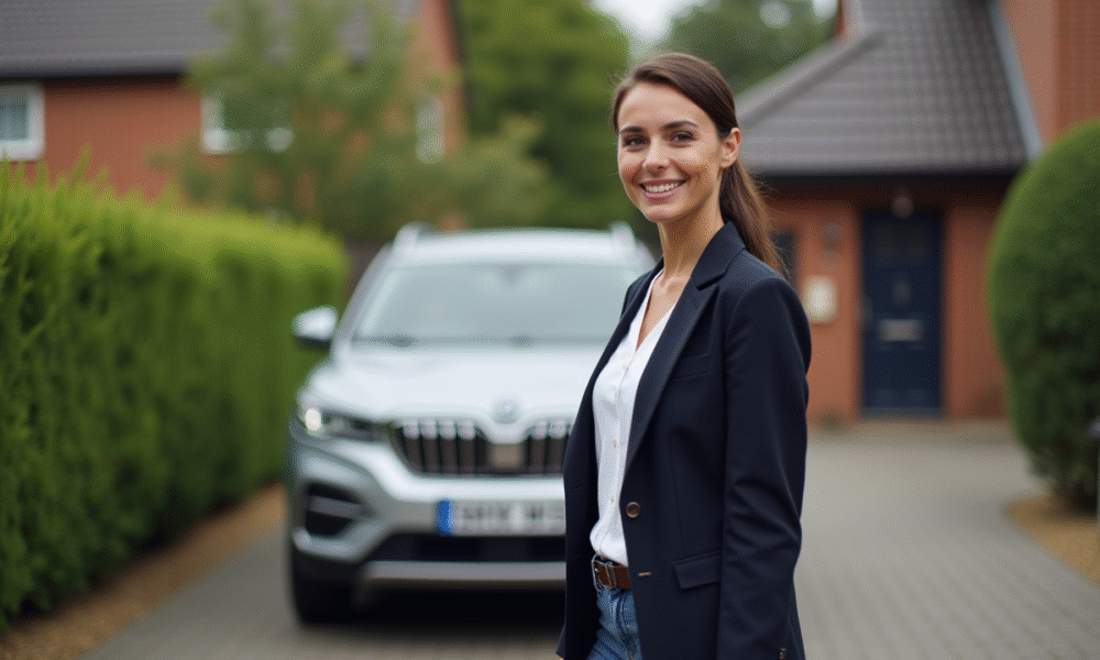 Femme souriante avec un SUV dans une allée résidentielle