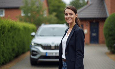 Femme souriante avec un SUV dans une allée résidentielle