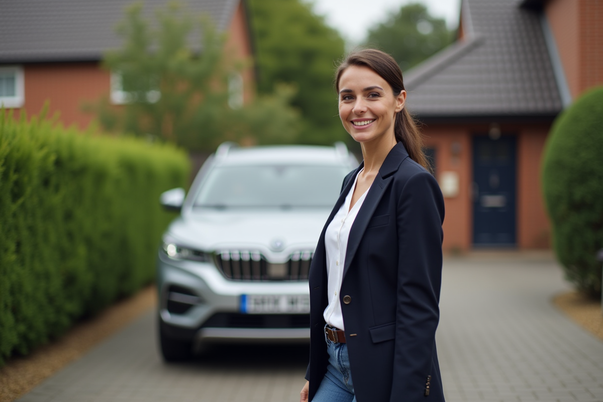 Femme souriante avec un SUV dans une allée résidentielle
