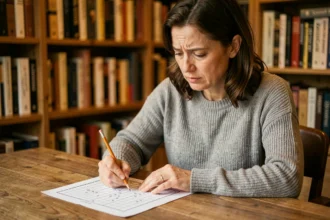 Femme concentrée résolvant une grille de sudoku à son bureau à domicile, entraînement cérébral quotidien
