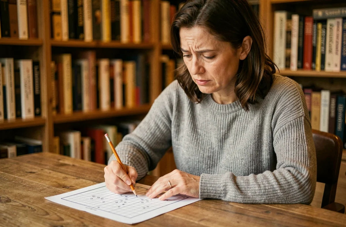 Femme concentrée résolvant une grille de sudoku à son bureau à domicile, entraînement cérébral quotidien