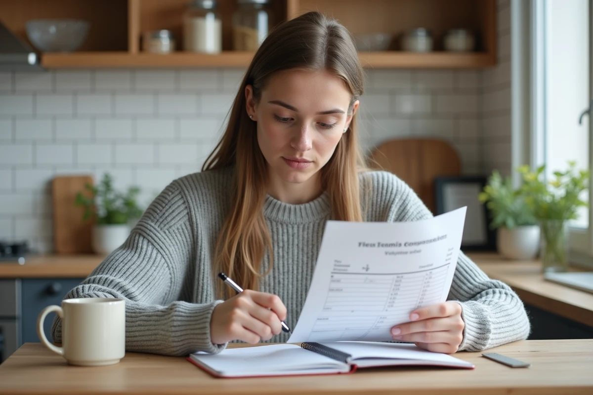 Femme consultant un tableau de conversion de volume litre cm3 à une table de cuisine en bois tout en prenant des notes
