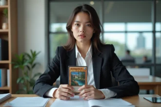 Jeune femme en bureau tenant une carte à jouer peinte à la main