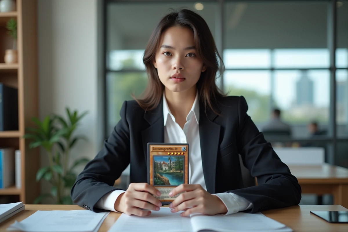 Jeune femme en bureau tenant une carte à jouer peinte à la main