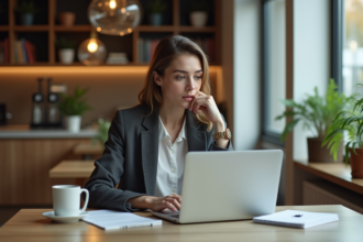 Jeune femme concentrée travaillant sur son ordinateur dans un café