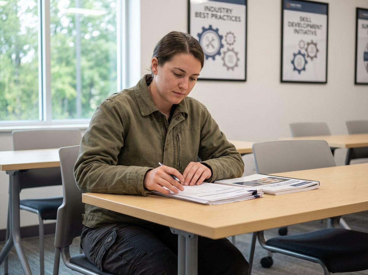 Femme remplissant des documents dans une salle de formation moderne