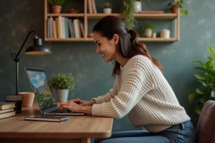 Femme concentrée travaillant sur son ordinateur dans un bureau cosy