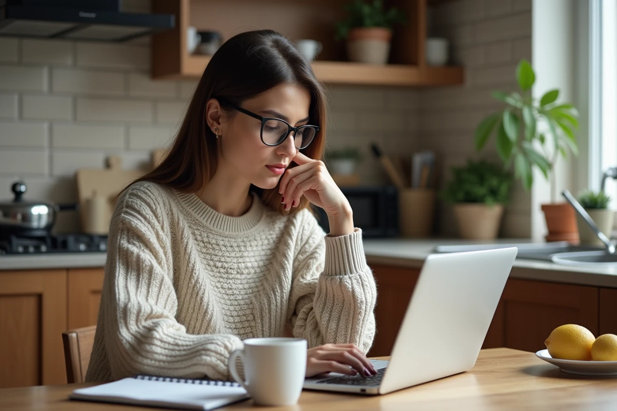 Femme vérifiant les exigences PC sur un ordinateur portable à la maison