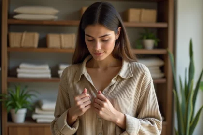 Jeune femme inspectant l'étiquette d'un vêtement en boutique