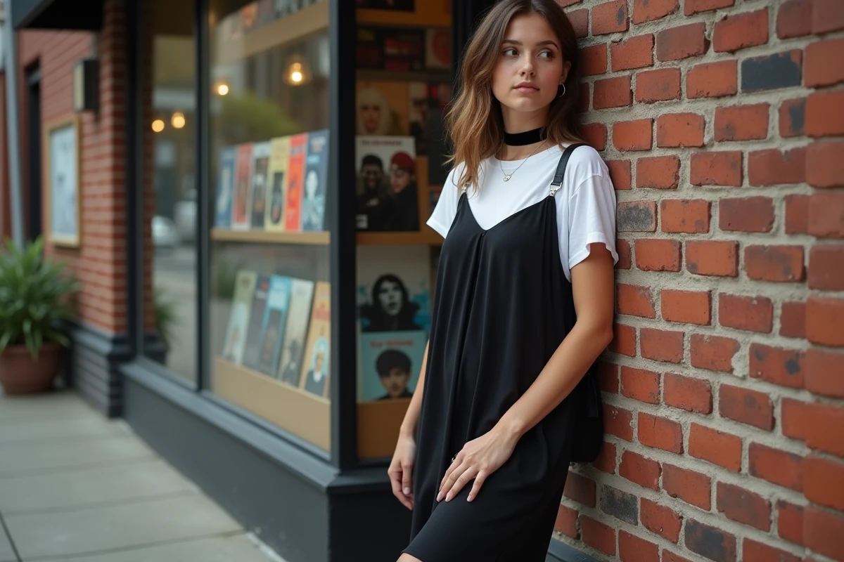 Jeune femme en robe noire et t-shirt blanc devant un magasin de disques