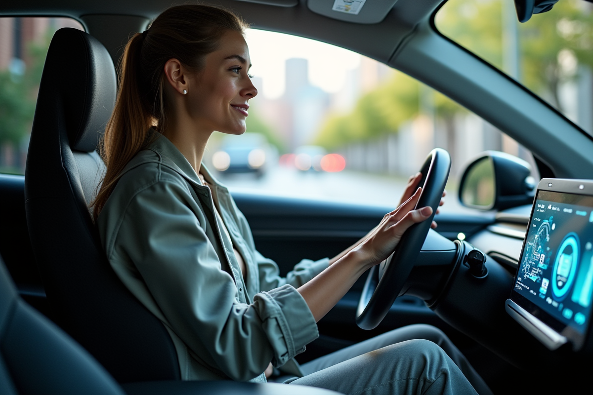 Jeune femme interagissant avec tableau de bord holographique