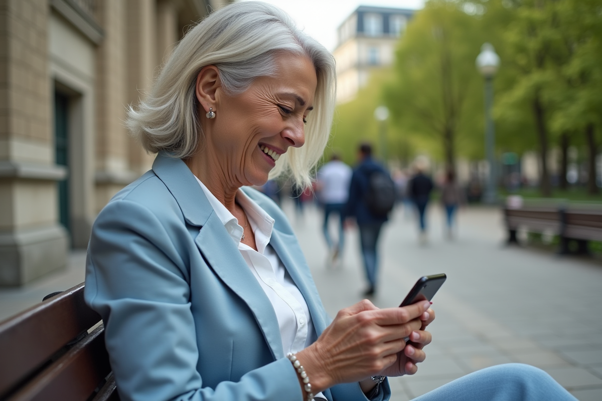 Femme française souriante utilisant son smartphone dans un parc