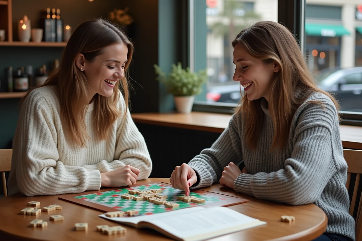 Deux femmes jouant au Scrabble dans un café moderne