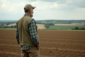 Fermeur français dans un champ de terre fraîchement labourée