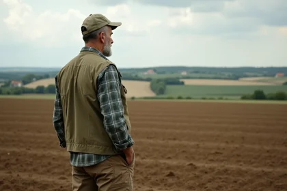 Fermeur français dans un champ de terre fraîchement labourée