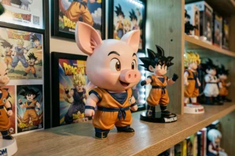 Figurine collector du cochon Oolong de Dragon Ball exposée sur une étagère de fan entourée de personnages en résine