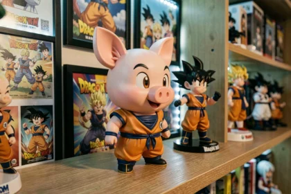 Figurine collector du cochon Oolong de Dragon Ball exposée sur une étagère de fan entourée de personnages en résine