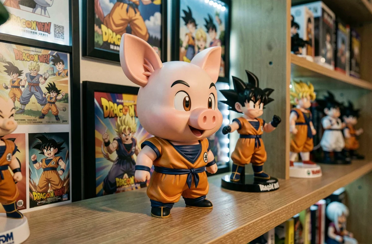 Figurine collector du cochon Oolong de Dragon Ball exposée sur une étagère de fan entourée de personnages en résine