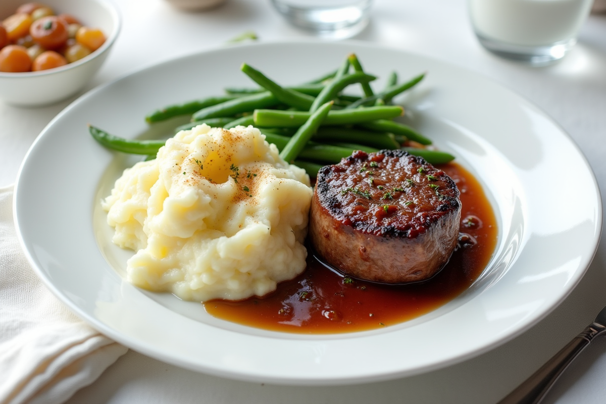 Filet mignon servi avec purée et haricots verts en vue dessus