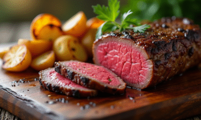 Filet mignon tranché sur planche en bois avec légumes grillés