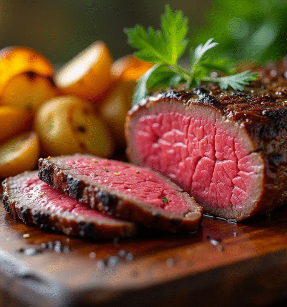 Filet mignon tranché sur planche en bois avec légumes grillés