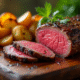 Filet mignon tranché sur planche en bois avec légumes grillés