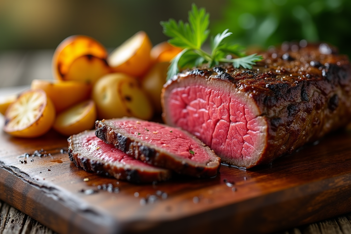 Filet mignon tranché sur planche en bois avec légumes grillés