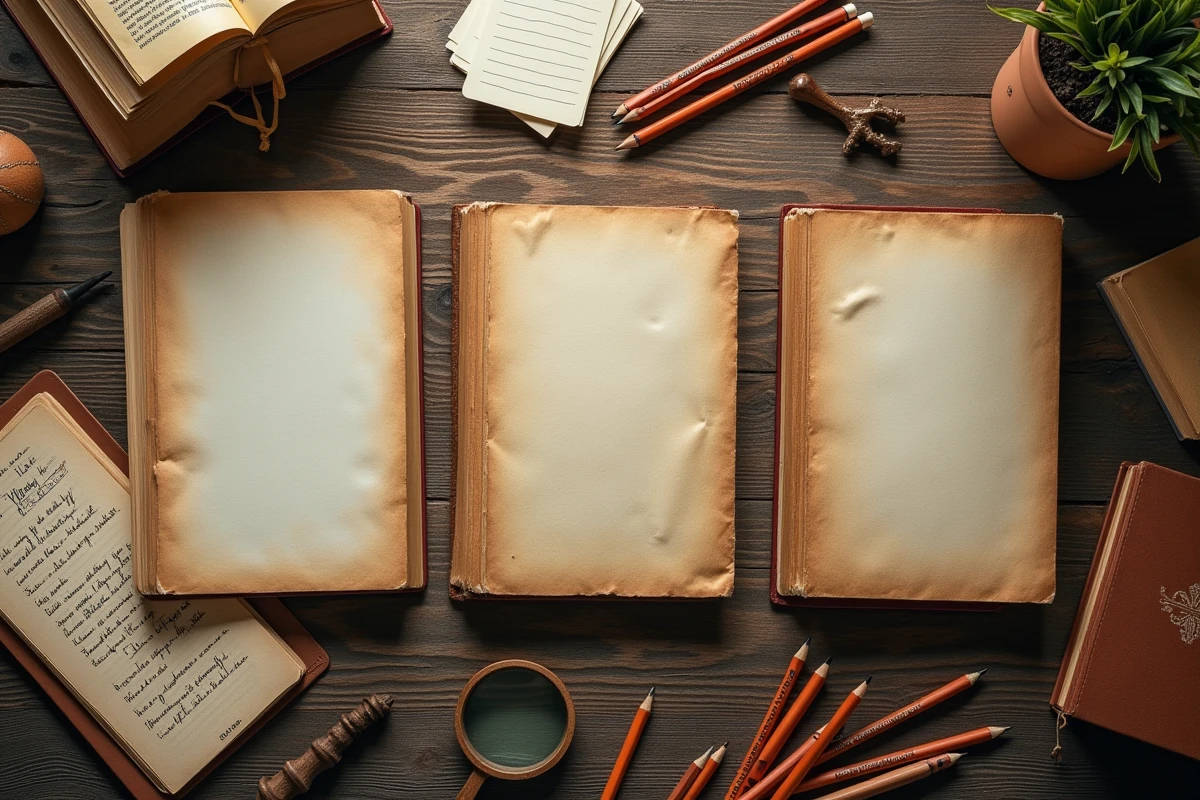Vue aérienne de livres ouverts avec première et quatrième de couverture visibles, entourés d'outils créatifs de storytelling sur une table en bois